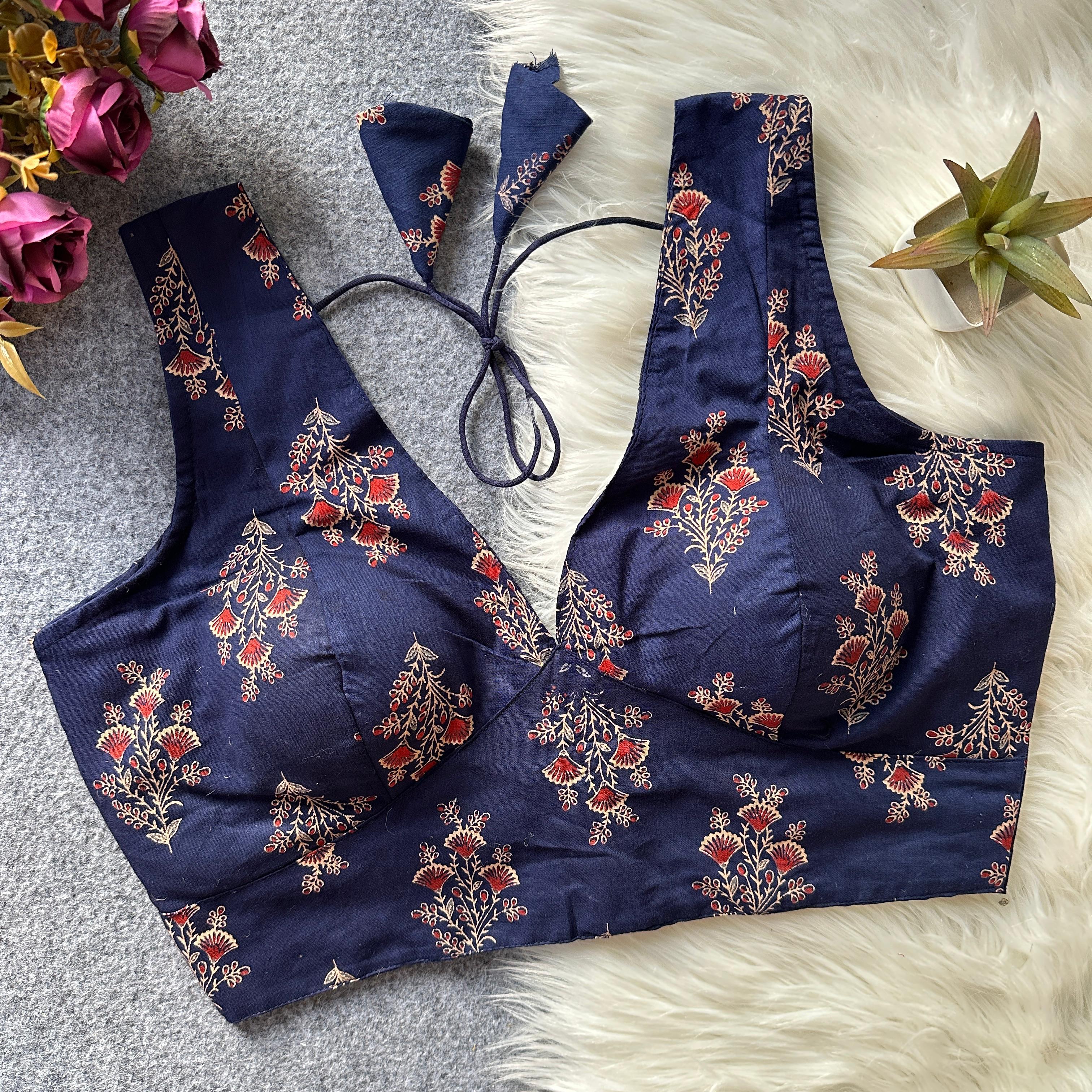 Pure Ajrakh Handblock Cotton Blouse-Include attachable blouse sleeves-Blue
